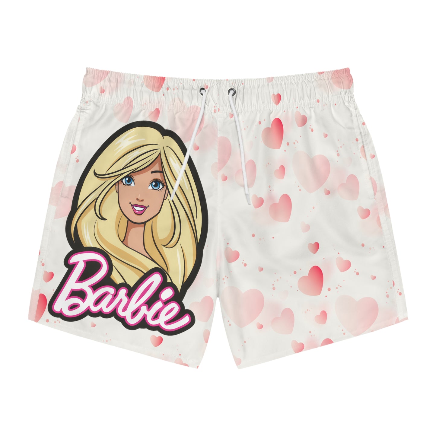 Pearl White Barbie Swim Trunks: Elegance Meets Playful Hearts for Stylish Beach Days