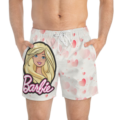 Pearl White Barbie Swim Trunks: Elegance Meets Playful Hearts for Stylish Beach Days